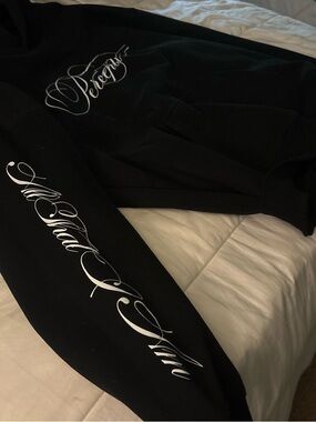 Black Crewneck Sweater with White Script Print - Unbranded